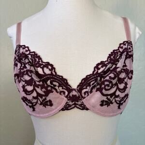 Wacoal Pink Bra Purple Lace Underwire Bra 36DD Feminine Romantic #851322